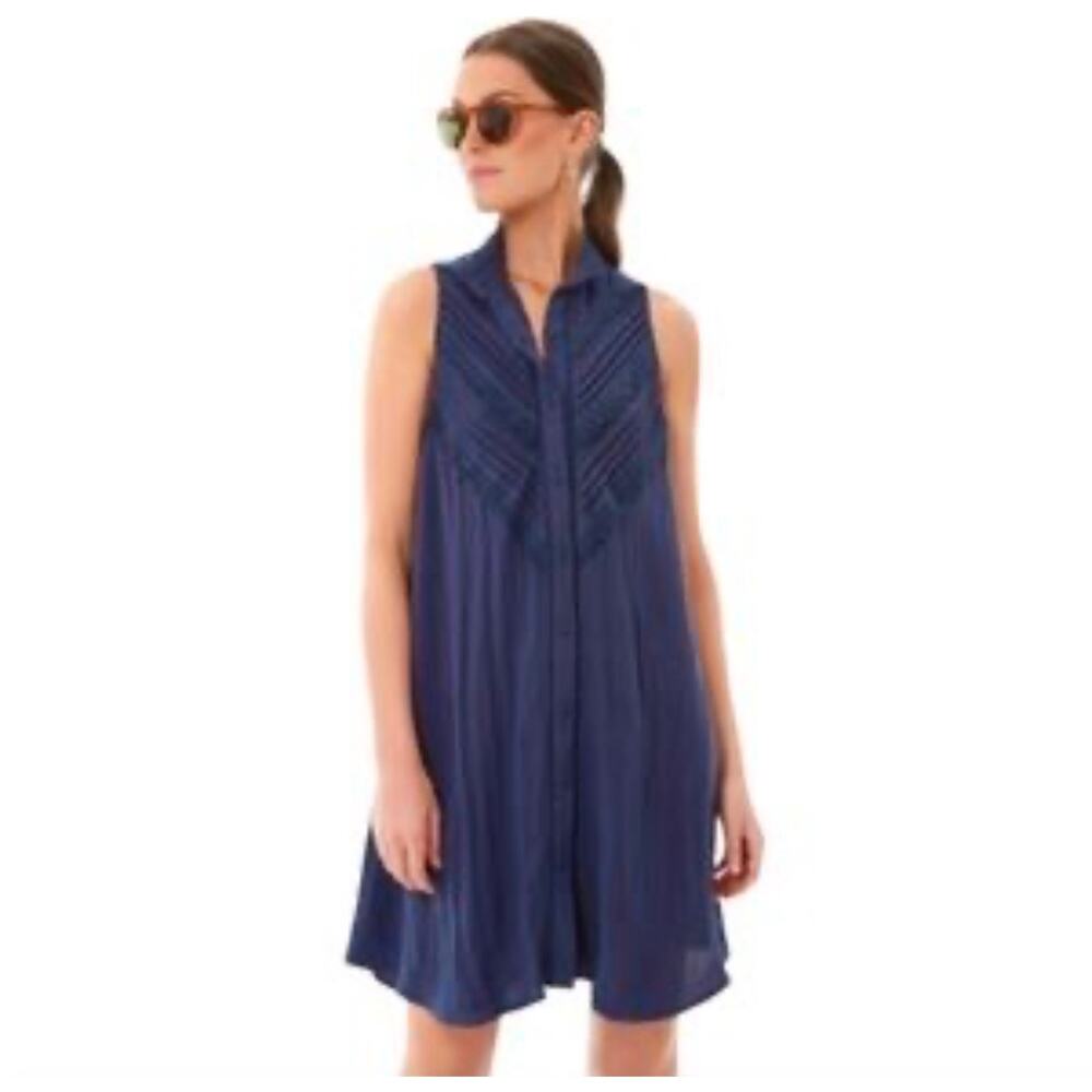 Tuckernuck Pomander Place Dutton Sleeveless Button Down navy blue Dress Sz Large